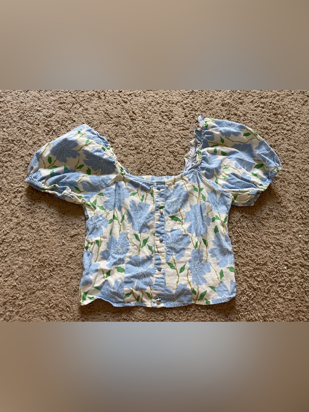 Who What Wear Blue Floral Puff Sleeve Crop Top XS Smocked Back